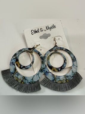 ETHEL AND MYRTLE BLUE AND GREY MARBLED FRINGE HOOP PIERCED EARRINGS